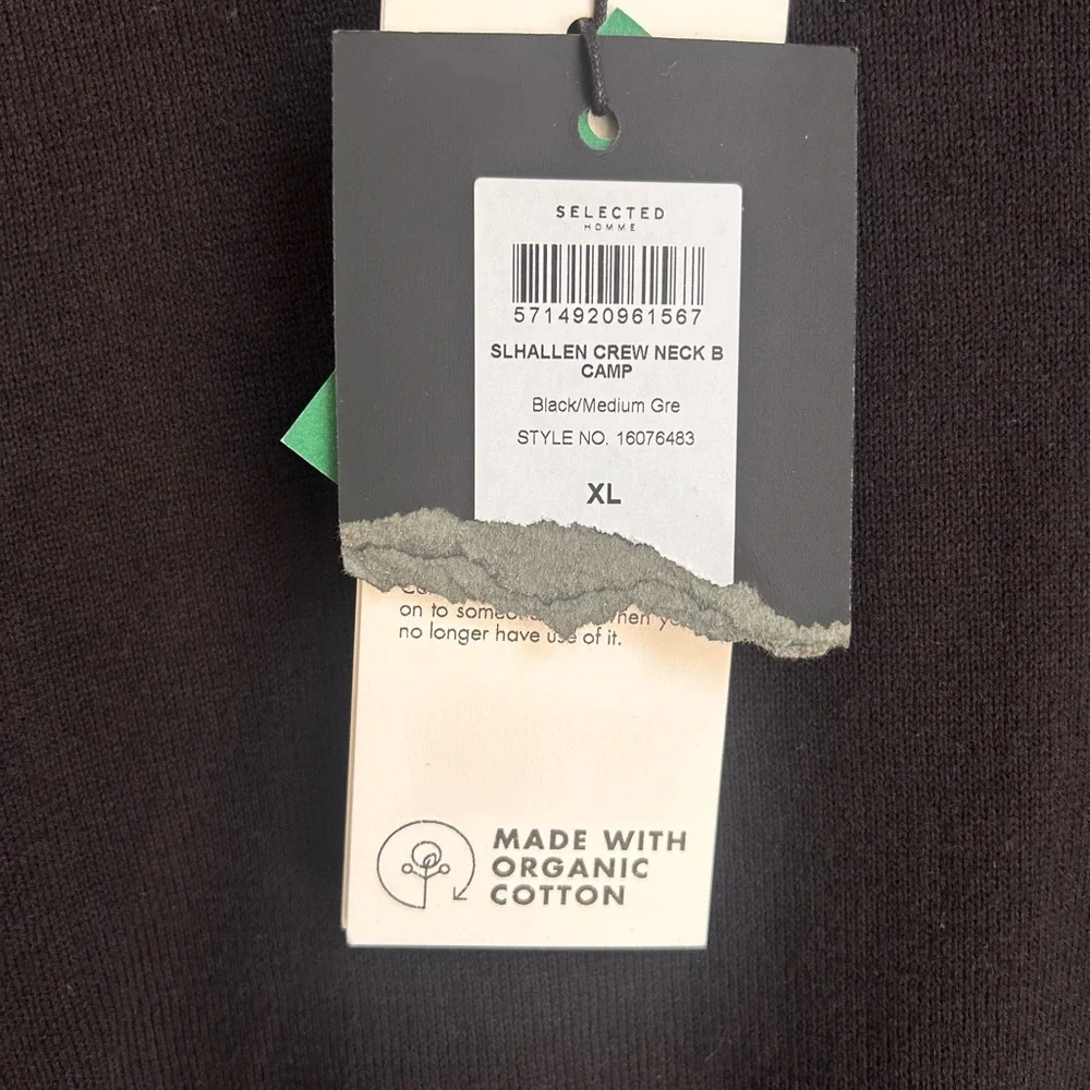 Selected Homme organic cotton Black Crewneck sweater Size XL